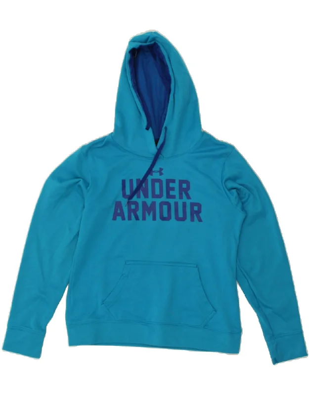 UNDER ARMOUR Womens Graphic Hoodie Jumper UK 10 Small  Blue Polyester Hoodie with Front Slit Layering Stylish