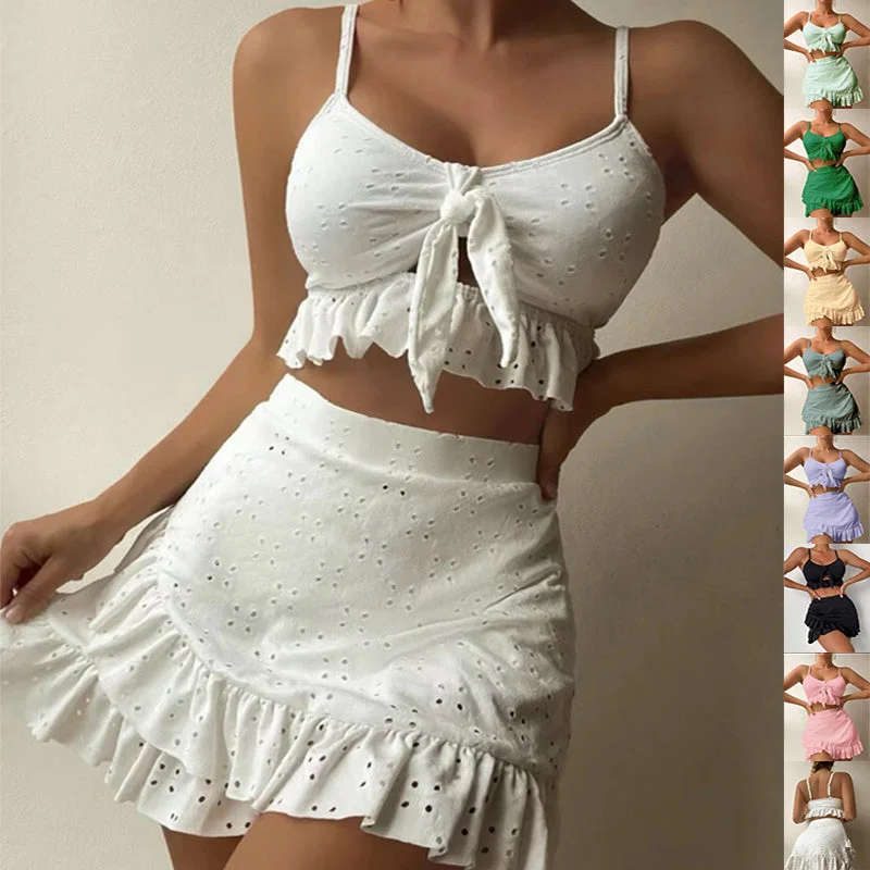 3pcs Beach Bikini With Hip-hugging Skirt Fashion Ruffle Design Swimsuit Set Summer Womens Clothing Strapless Swimsuit Top