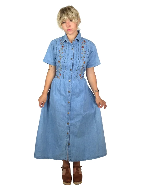 80s Prairie Bohemian Collared Short Sleeve Button Down Light Wash Denim Maxi Dress Fashionable Off-Shoulder Maxi Dress