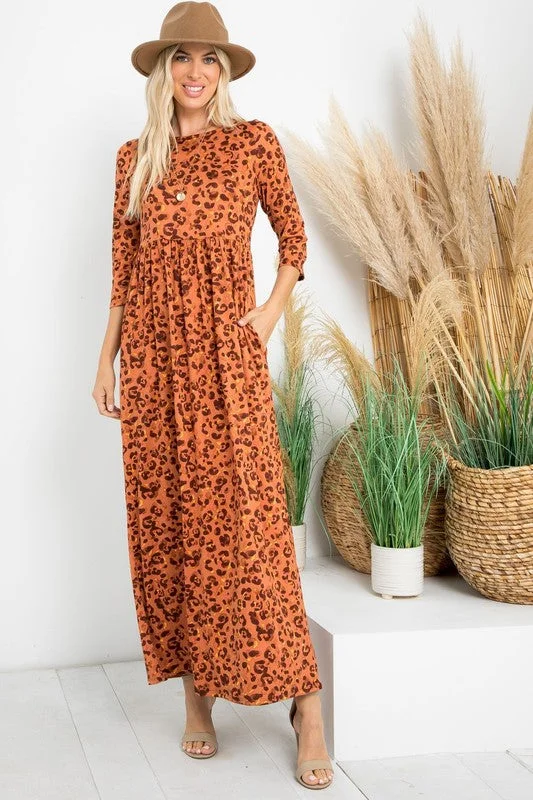 A Joyous Time Leopard Print Maxi Dress in Rust - Curvy Trendy Ruffled Maxi Dress