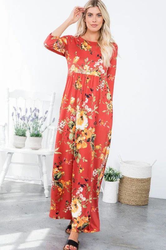 A Joyous Time Floral Maxi Dress in Rust - Curvy Fashionable Printed Maxi Dress