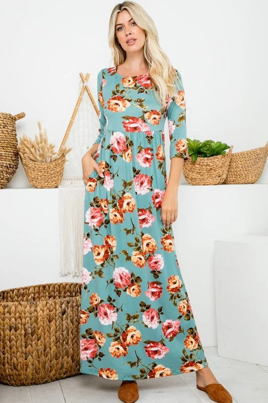 A Joyous Time Floral Maxi Dress in Sage - Curvy Fashionable Button-Down Maxi Dress