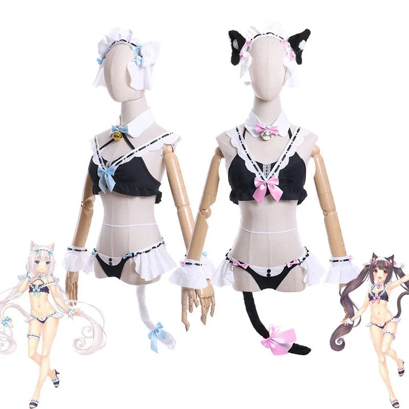 Anime Nekopara Chocola Vanilla Maid Swimsuit Halloween Cosplay Costumes Beach Ready Swimsuit