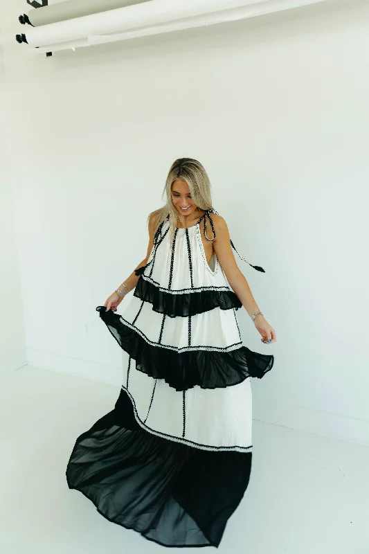 April Maxi Dress - Ivory/Black Fashionable Maxi Dress with Fringe