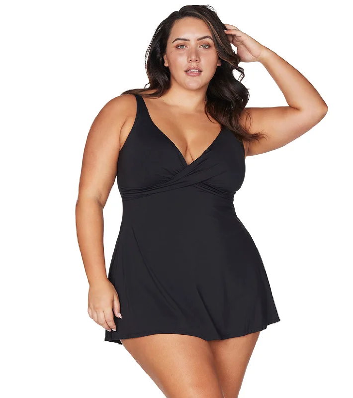 Artesands Woman's Plus Size Hues Delacroix Cross Over Swim Dress (Multifit D-G Cup) Black Swimsuit with Skirt