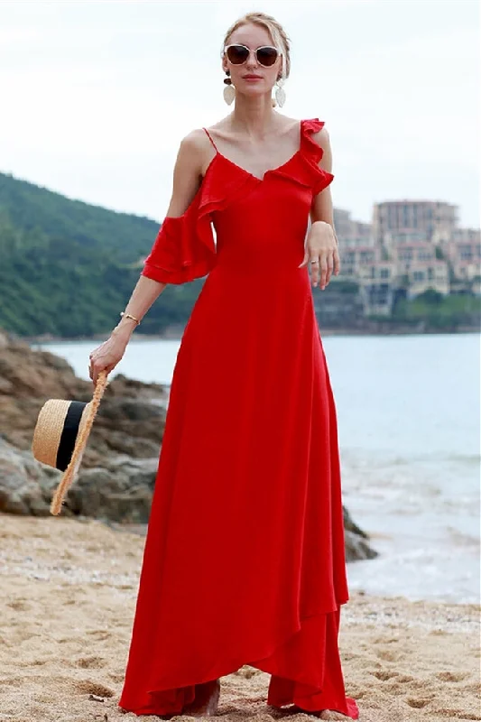 Asymmetric Red Chiffon Maxi Dress Comfortable Cotton Maxi Dress