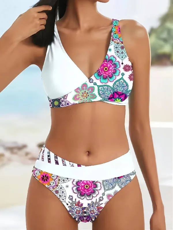 Asymmetrical Digital Floral Print Criss Cross Centre Core Contrast Trim Two Piece Bikini Sets Swimsuit Classic Monokini Design