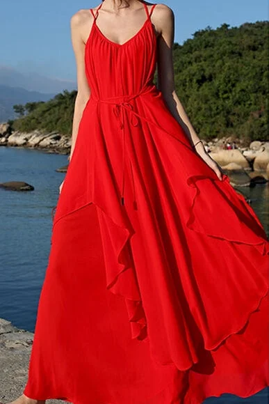 Backless Red Chiffon Maxi Dress Comfortable Fit-and-Flare Maxi Dress