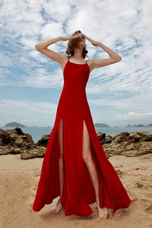 Backless Red Chiffon Slit Maxi Dress Fashionable Button-Down Maxi Dress