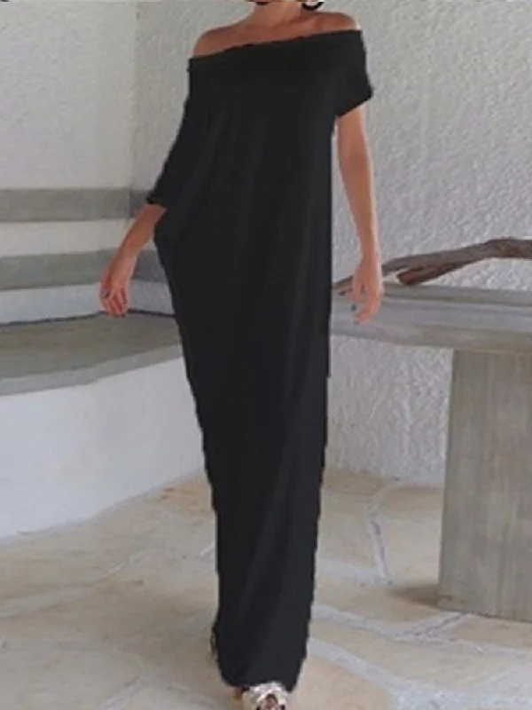 Casual Loose Women One Shoulder Pure Color Batwing Sleeve Maxi Dresses Comfortable Maxi Dress with Belt