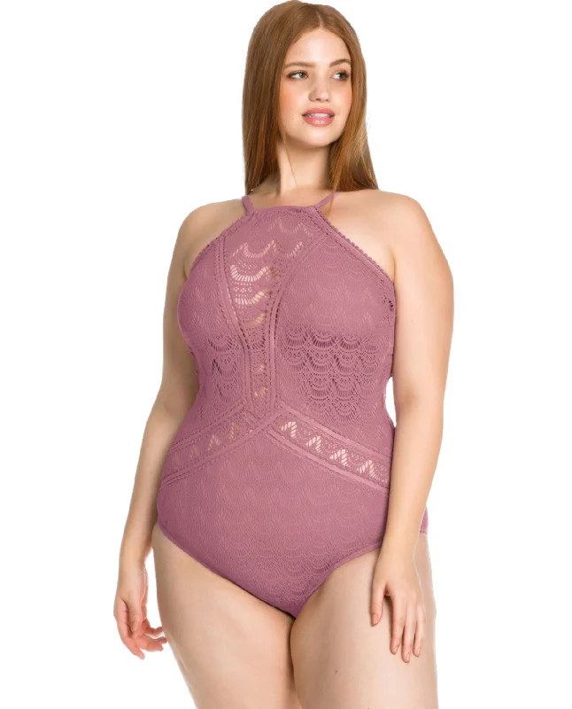 Becca ETC by Rebecca Virtue Color Play Lace High Neck Plus Size One Piece Swimsuit Retro Swimwear Style