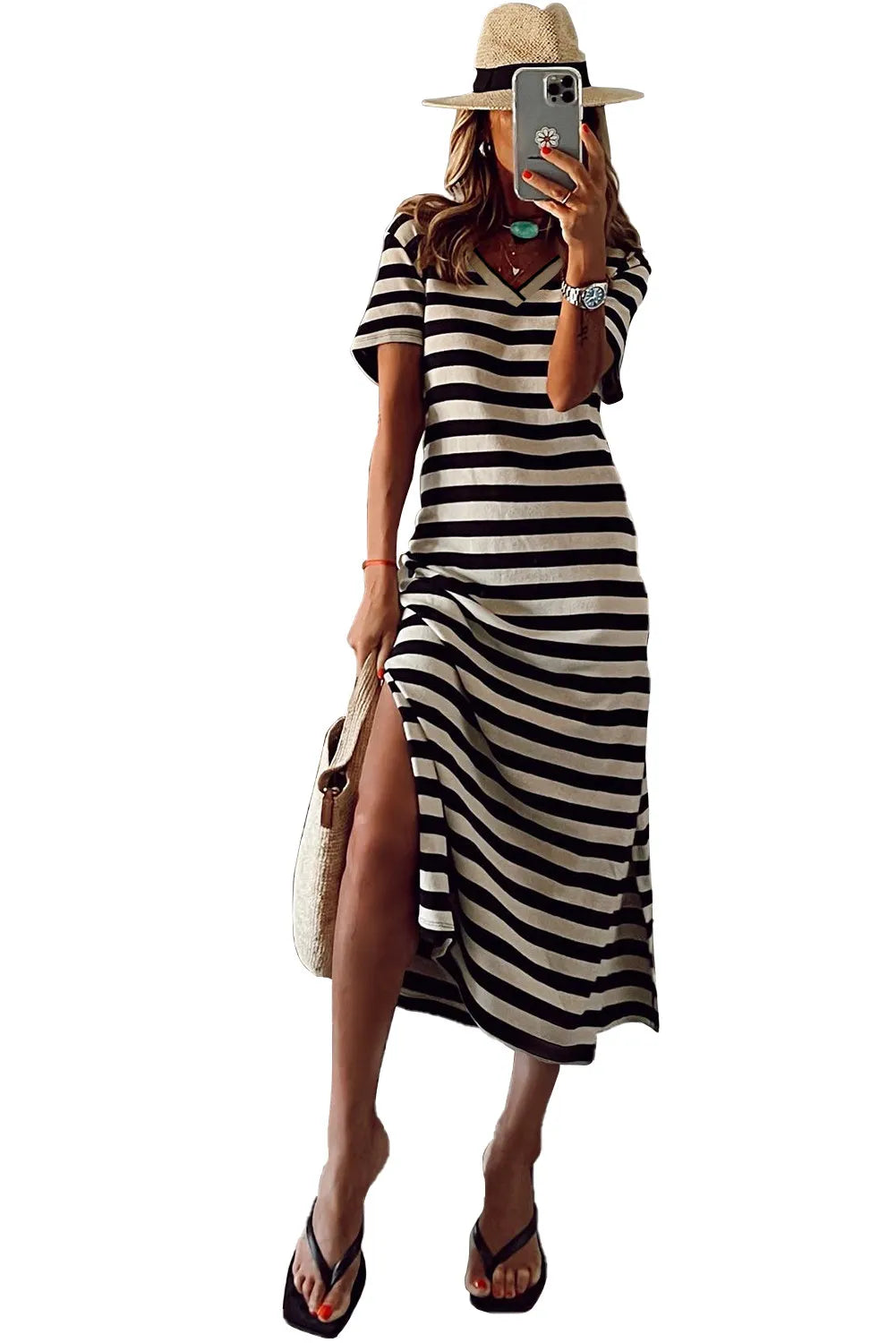 Black Stripe Print V Neck Maxi Dress with Side Splits Comfortable Casual Maxi Dress