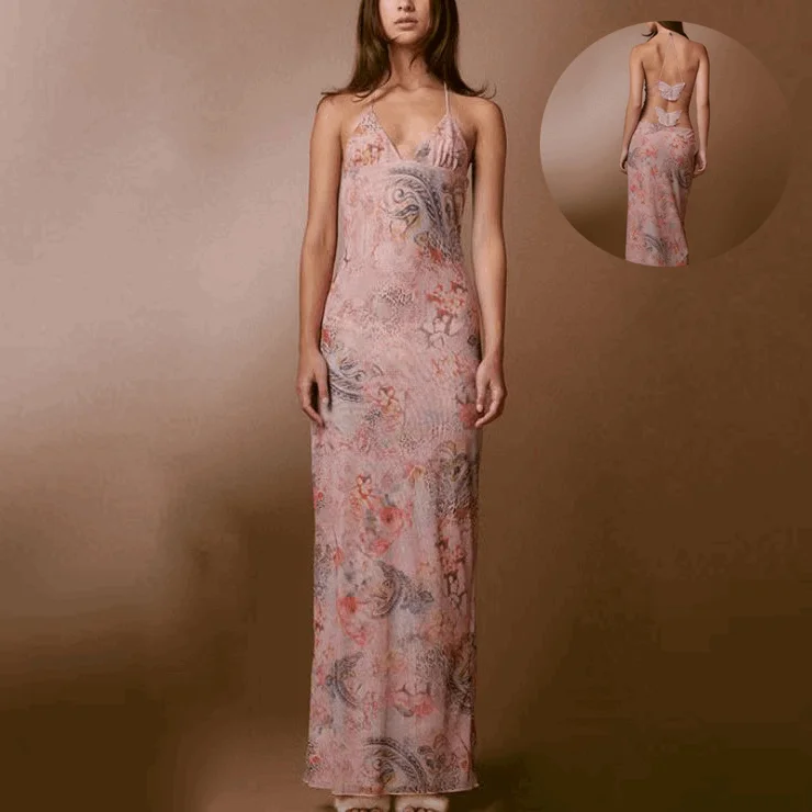 Butterfly Back Floral Halter Maxi Dress Classic Strapless Maxi Dress