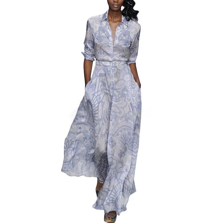 Button-down Casual Floral Printed Long Sleeve Maxi Dress Stylish Long Sleeve Maxi Dress