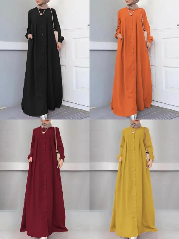 Button Front Kaftan Robe Long Sleeve Shirt Pocket Women Maxi Dress Elegant Maxi Dress with Slit