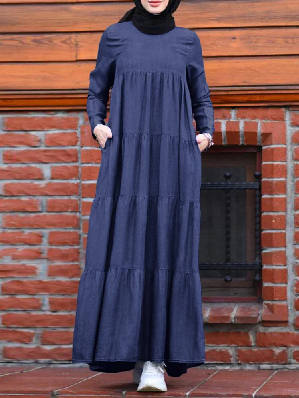 Casual Layered Pleats Denim Loose Muslim Pockets Women Maxi Dress Trendy Maxi Dress with Belt