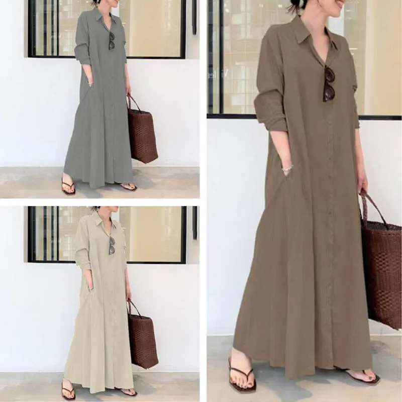 (Buy 1 Get 1) Casual Ramadan /Eid Women Solid Color Lapel Long Sleeve Pocket Simple Shirt Maxi Dress Stylish Empire Waist Maxi Dress