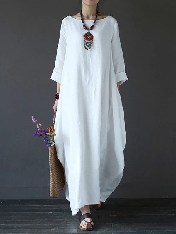 Casual Women Maxi Dress Loose Pure Color Baggy 3/4 Sleeve Chic Summer Maxi Dress