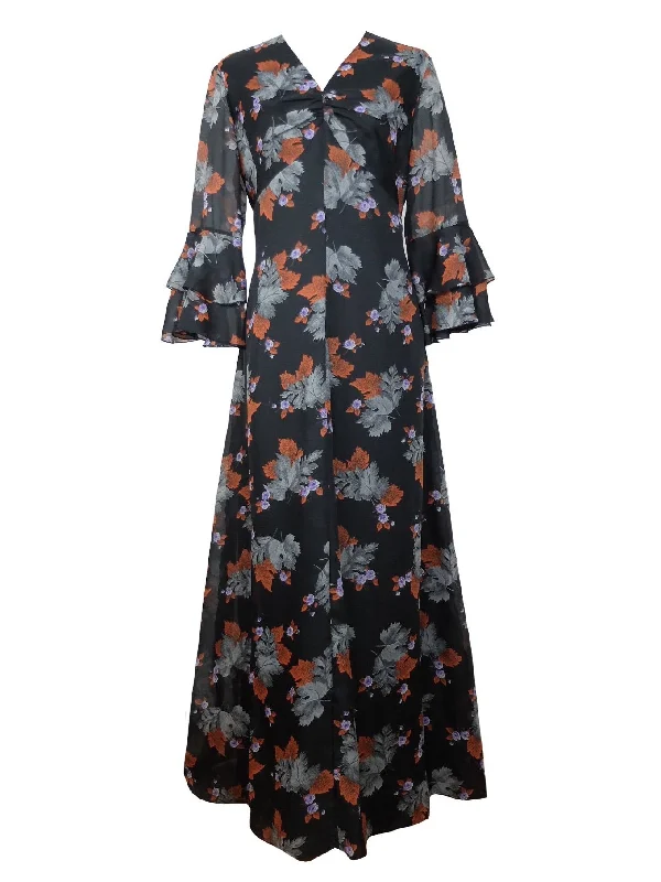 Vintage 70s Mod Hippie Bohemian Chic Autumn Floral Leaf Print Black & Orange Flare Butterfly Sleeve Floor Length Maxi Dress| Size Large Fashionable Layered Maxi Dress