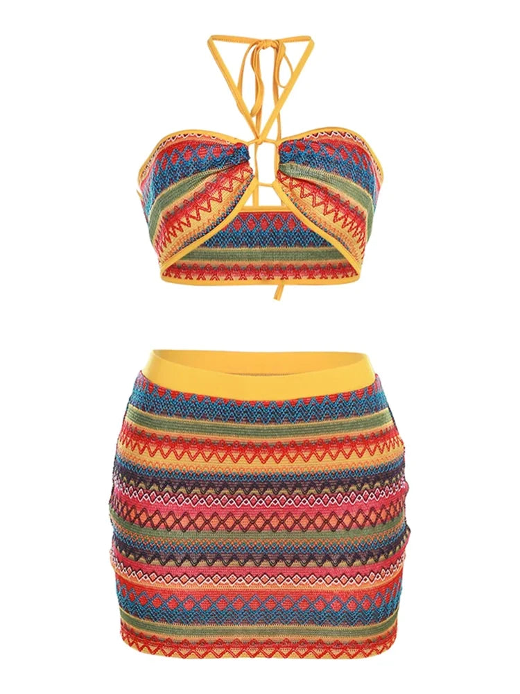 Sexy Halter Bandage Wrapped Swimwear Crop Top+Striped  Hip Skirts Colorful  Women Set Beachy Ruffle Bikini