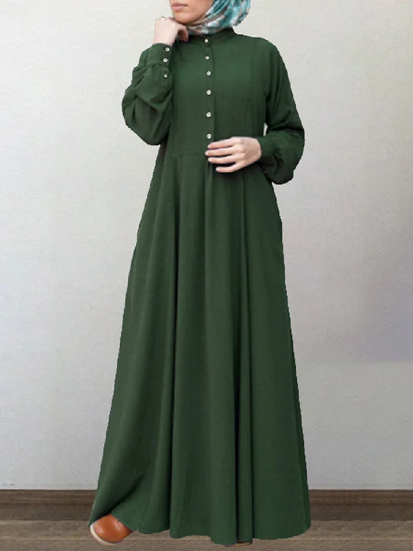 Cotton Solid Retro Mandarin Collar Puff Sleeve Button Up Long Sleeve Women Maxi Dress Fashionable Maxi Dress with Fringe