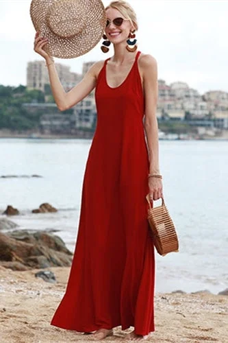 Cross Back Red Chiffon Maxi Dress Elegant Sleeveless Maxi Dress