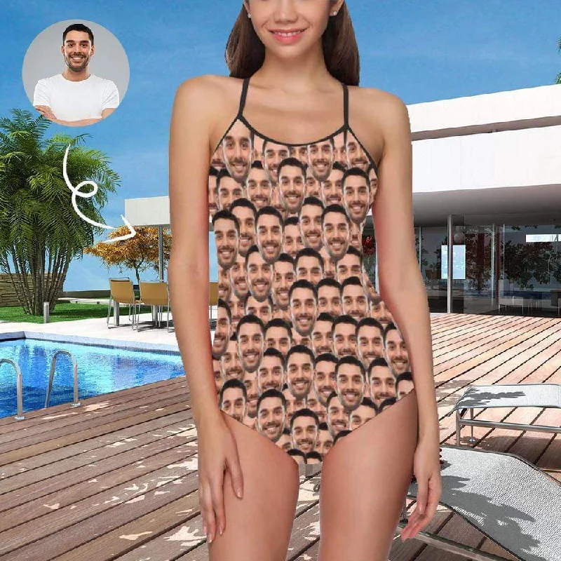 #Bathingsuit-Custom Face Boyfriend/Husband Funny Photo Swimsuit Personalized Women's One Piece Bathing Suits For Her Button-Front Swimsuit