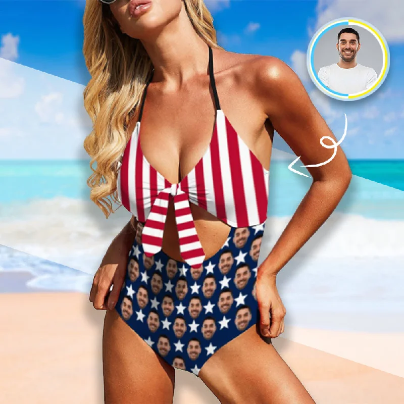 American Flag Monokini Custom Face Swimsuit American Flag Personalized Women's Backless Bow One Piece Bathing Suit Button-Front Swimsuit