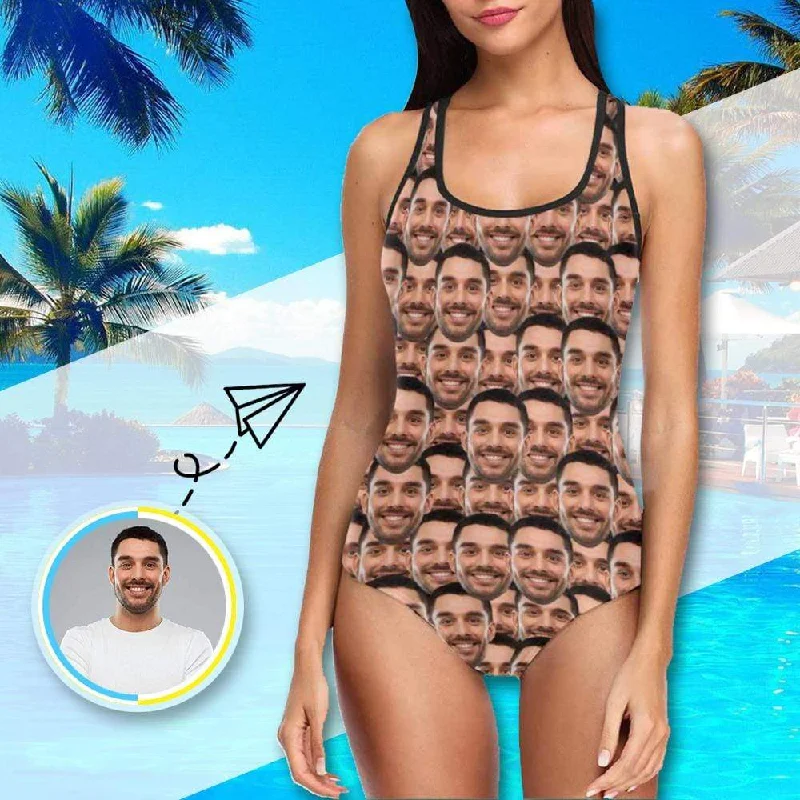 #Bathingsuit-Custom Husband Face Swimsuit Personalized Photo Women's One Piece Bathing Suit Funny Gift V-Neck Swim Dress