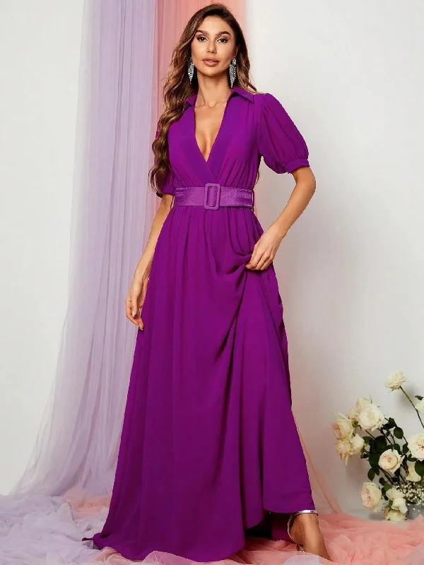 Deep V Neck Puff Sleeve Belted Maxi Dress Fashionable Sleeveless Maxi Dress