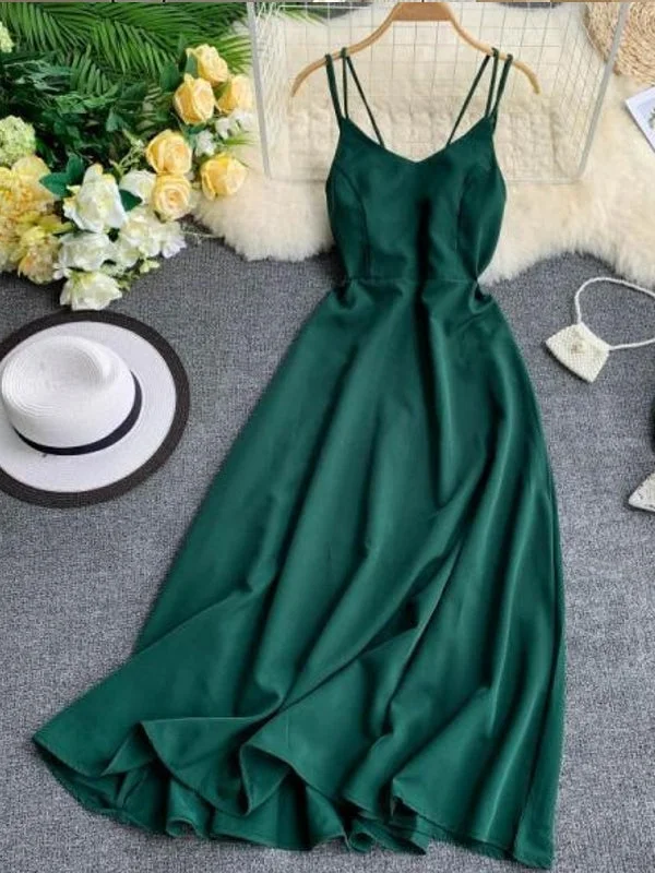 Emerald Green Maxi Dress Cotton Strap Long Women In Sexy Dress Stylish Button-Up Maxi Dress