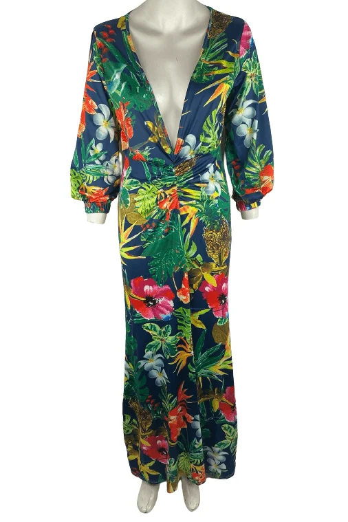 Fashionable women's multicolor floral maxi dress size 16 Fashionable Open-Back Maxi Dress