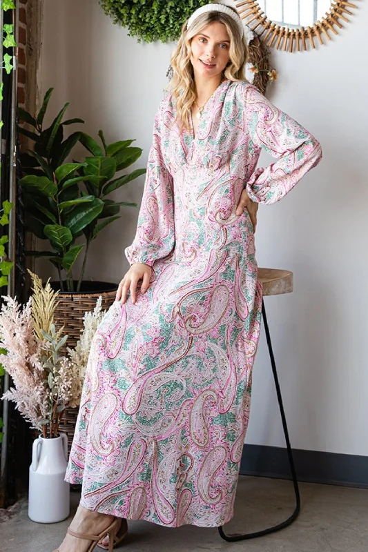 First Love Paisley Print Tie-Back Long Sleeve Maxi Dress Fashionable Chiffon Tiered Maxi Dress