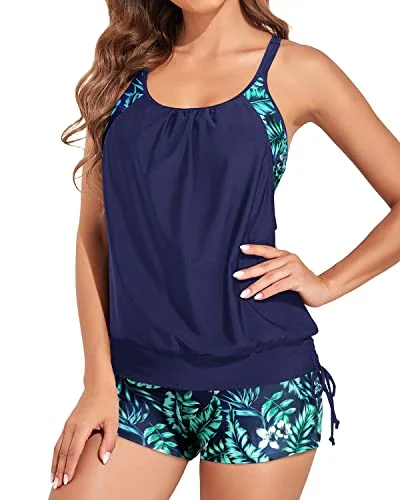 Flattering Blouson Tankini Top With Sporty Boy Shorts For Women-Blue Leaves Full Coverage Swimsuit