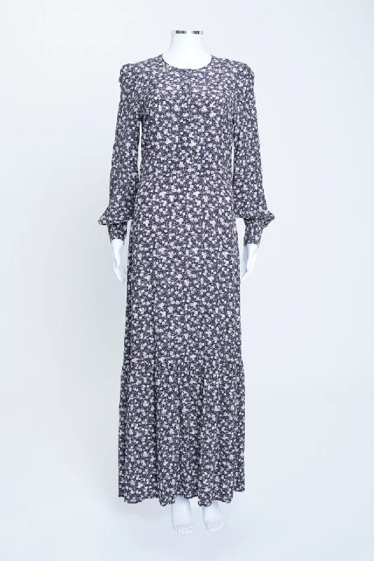 Floral Print Tiered Long Sleeve Maxi Dress Comfortable Maxi Dress with Slits