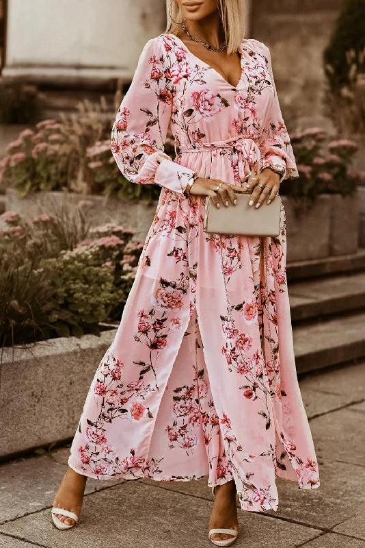 Floral Bishop Sleeve Slit Maxi Dress Chic Button-Up Maxi Dress