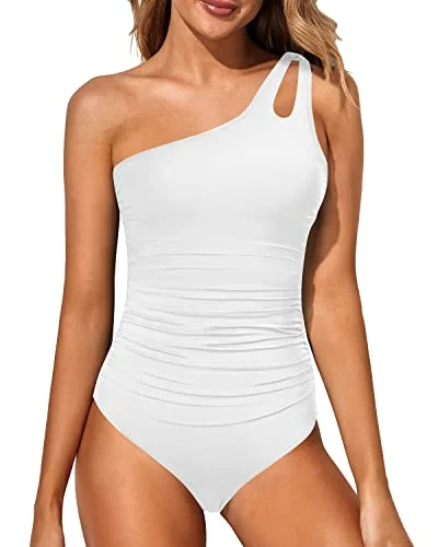 Full Coverage Tummy Control One Shoulder One Piece Swimsuit For Women-White Sporty Racerback Swimsuit