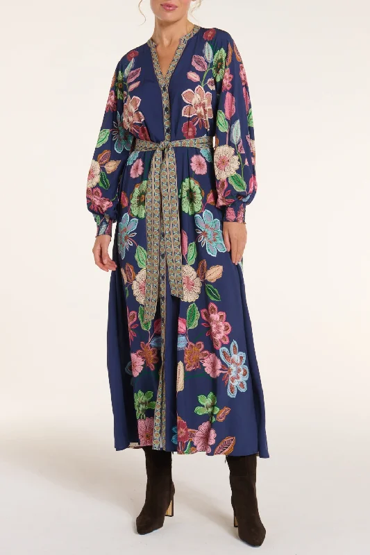 Johanna Belted Tie Maxi Dress in Navy Floral Stylish Maxi Dress with Frills