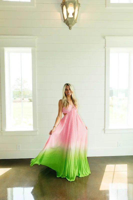 Kennedy Maxi Dress - Pink/Lime Elegant Maxi Dress with Pockets