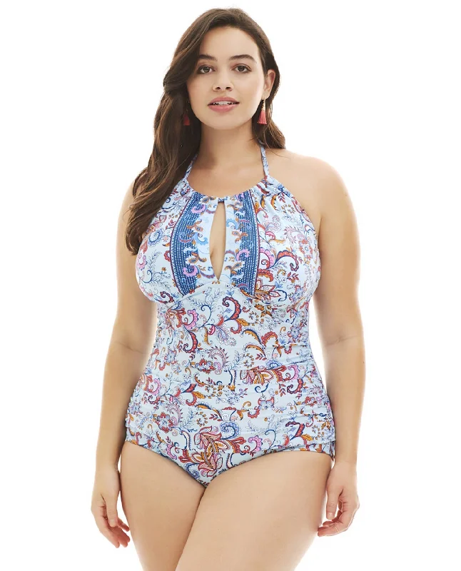 Kenneth Cole Blue Daydreamer Paisley Plus Size High Neck One Piece Swimsuit Full Coverage Swimsuit