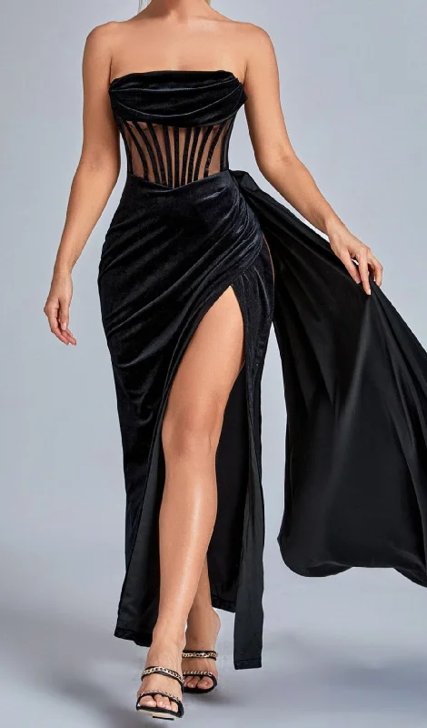 BLACK CORSET VELVET SLIT MAXI DRESS Trendy Maxi Dress with Lace