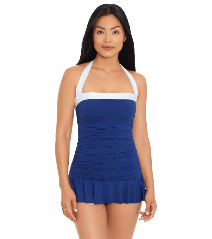 Lauren Ralph Lauren Women's Bel Air Skirted One Piece Swimsuit Sapphire Beachy Ruffle Bikini