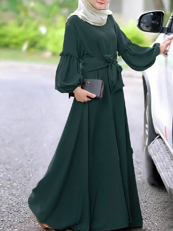 Long Sleeve Pure Color Belted O-neck Button Women Maxi Dress Chic Boho Print Maxi Dress