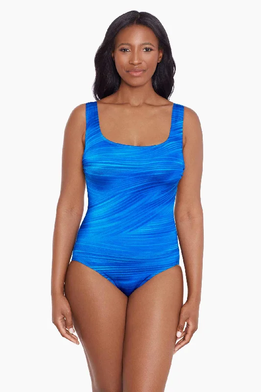 Butterfly X Back Tank Long Torso One Piece Swimsuit Virtual Wave Mesh Panel Swimwear