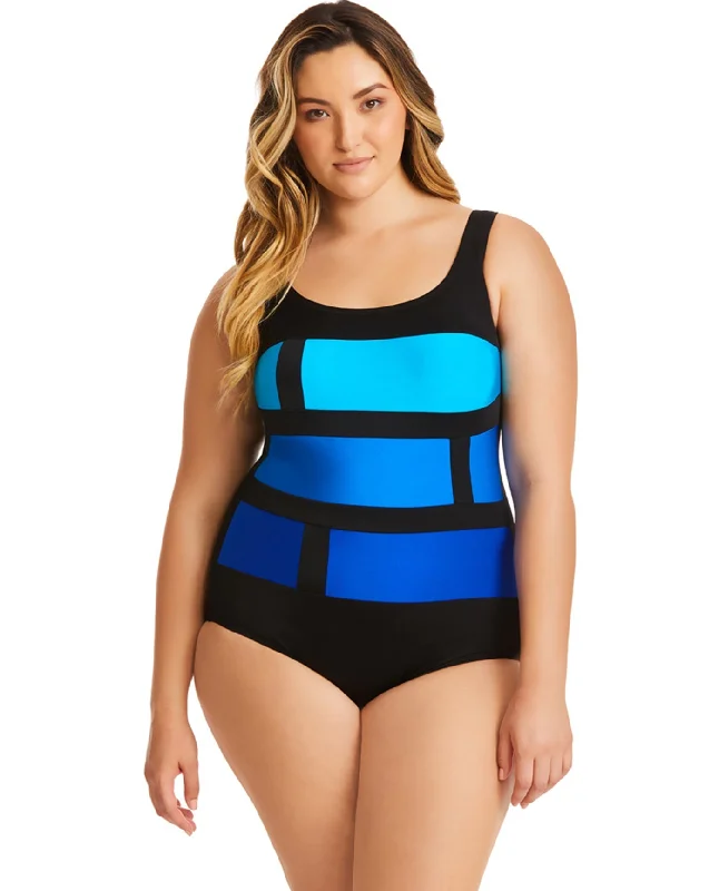 Longitude Plus Size Color Block Stained Glass One Piece Swimsuit Swimsuit with Skirt