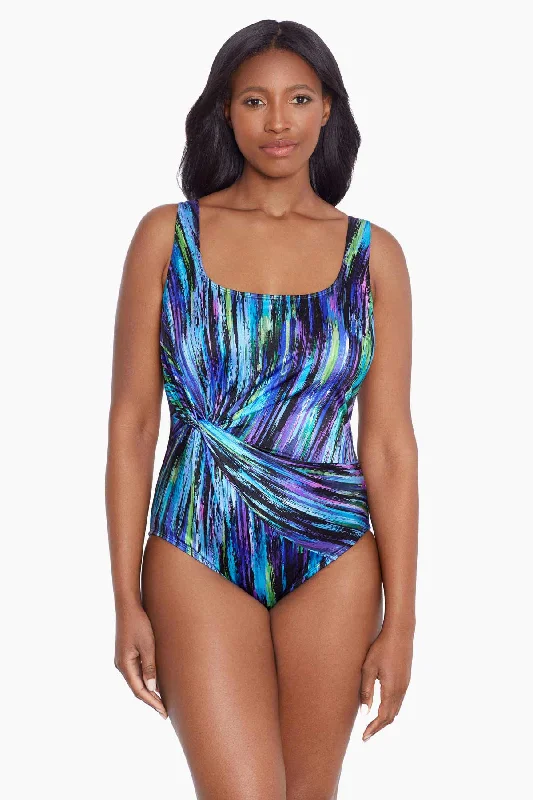 Twist Drape Tank Long Torso One Piece Swimsuit Brilliant Streaks Solid Color Swimsuit