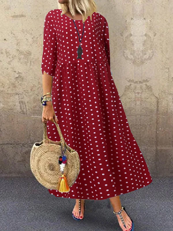 Loose O-neck Polka Dot 3/4 Sleeve Women Maxi Dress Fashionable Open-Back Maxi Dress