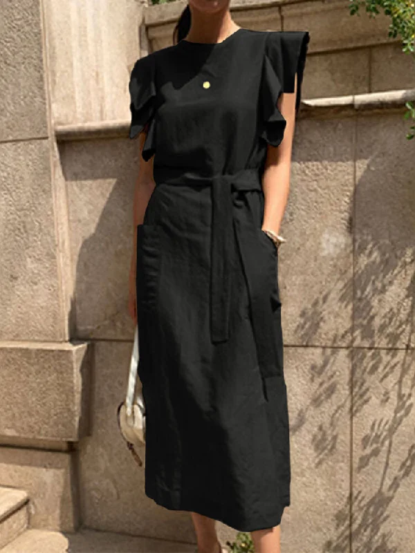 Women Sleeveless Crew Neck Belted Casual Maxi Dress Classic V-Neck Maxi Dress