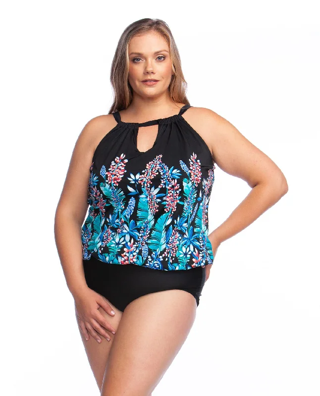 Maxine Prairie Dreams Plus Size High Neck Keyhole Blouson One Piece Swimsuit Classic Sporty Swimsuit