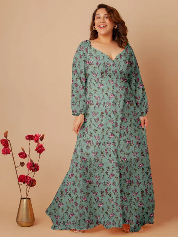 Mint Floral Print Wrap Maxi Dress Cozy Open-Back Maxi Dress